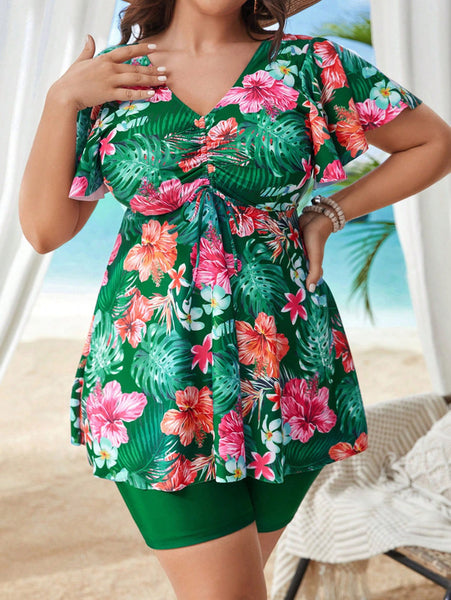 Plus Floral Print V-Neck Top With Drawstring And Boyshorts Green