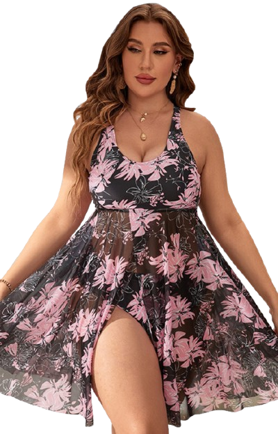 Plus Floral Print Round Neck Split Hem Swim Dress Pink