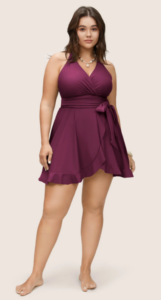 Plus Size Plain Ties Wrap Flutters One Piece Swim Dress RedViolet