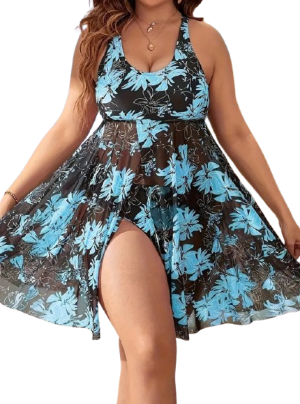 Plus Floral Print Round Neck Split Hem Swim Dress Sky Blue