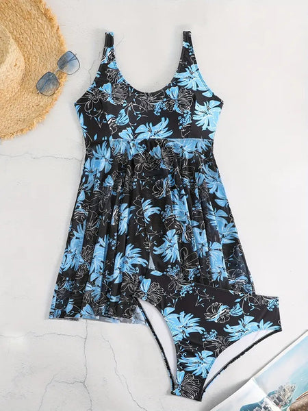 Plus Floral Print Round Neck Split Hem Swim Dress Sky Blue