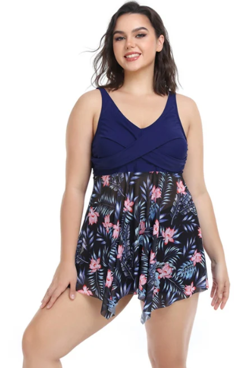 Plus Size Floral Two-Tone Asymmetrical Hem Two-Piece Tankini Blue