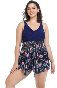 Plus Size Floral Two-Tone Asymmetrical Hem Two-Piece Tankini Blue