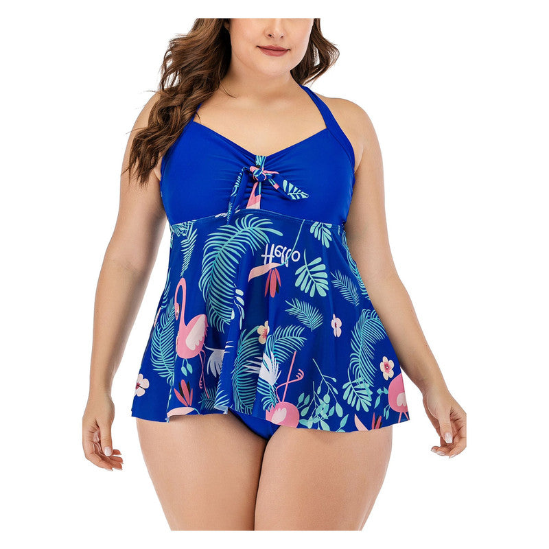 Plus Size Halter Neck Print Top Split Swimwear with Bottom Blue Plus Curvves