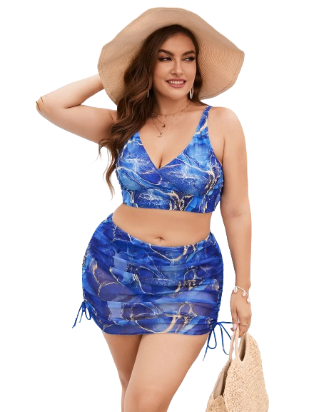 Plus Size Marble Print Bikini Swimsuit With Beach Skirt Blue Plus Curvves