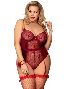 Sexy Lace Velour Plus Size Garter bodysuit With Underwire