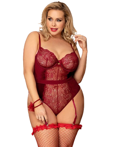 Sexy Lace Velour Plus Size Garter bodysuit With Underwire