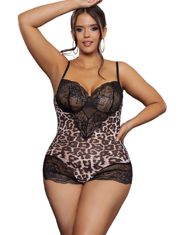 Plus Size Black Tight Long Sleeve Lace Patchwork Sexy Teddy