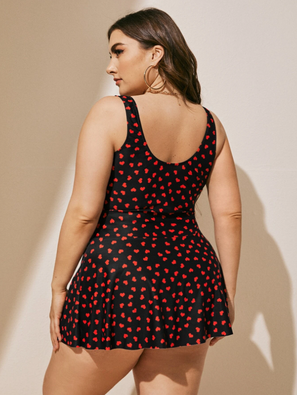 Plus Heart Print Swim Dress With Panty Red – Plus Curvves