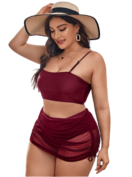 3 Piece Burgundy Plus High Waisted Bikini Swimsuit Drawstring Cover Up